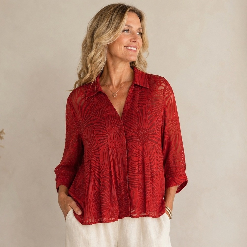 Coldwater Creek Womens Red Orange‎ Burnout Sheer Blouse Tropical Floral 2X